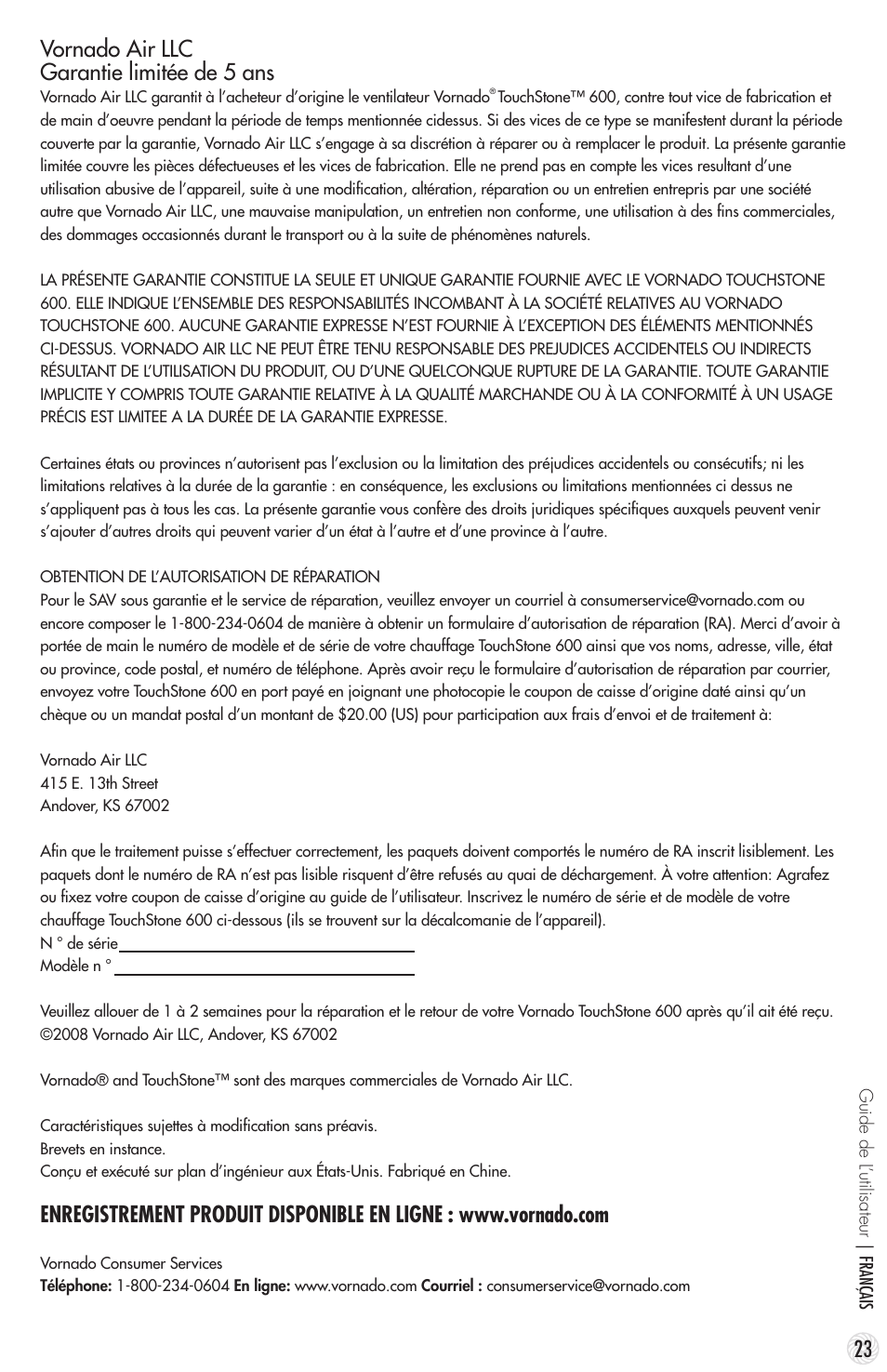 Vornado air llc garantie limitée de 5 ans | Vornado TouchStone 600 User Manual | Page 23 / 24