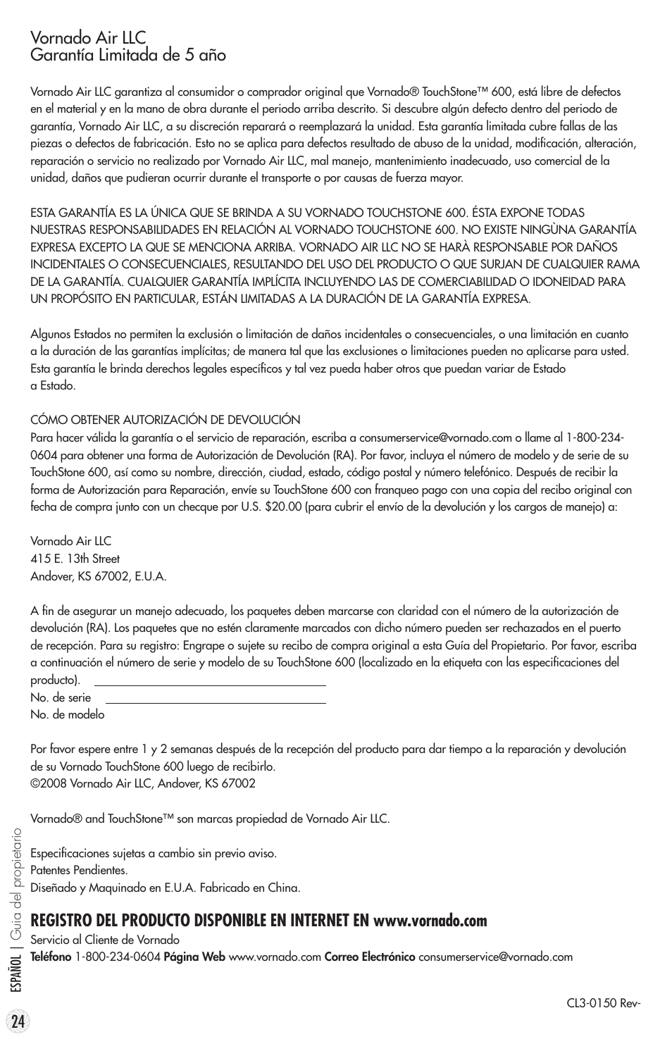 Vornado air llc garantía limitada de 5 año | Vornado TouchStone 600 User Manual | Page 24 / 24