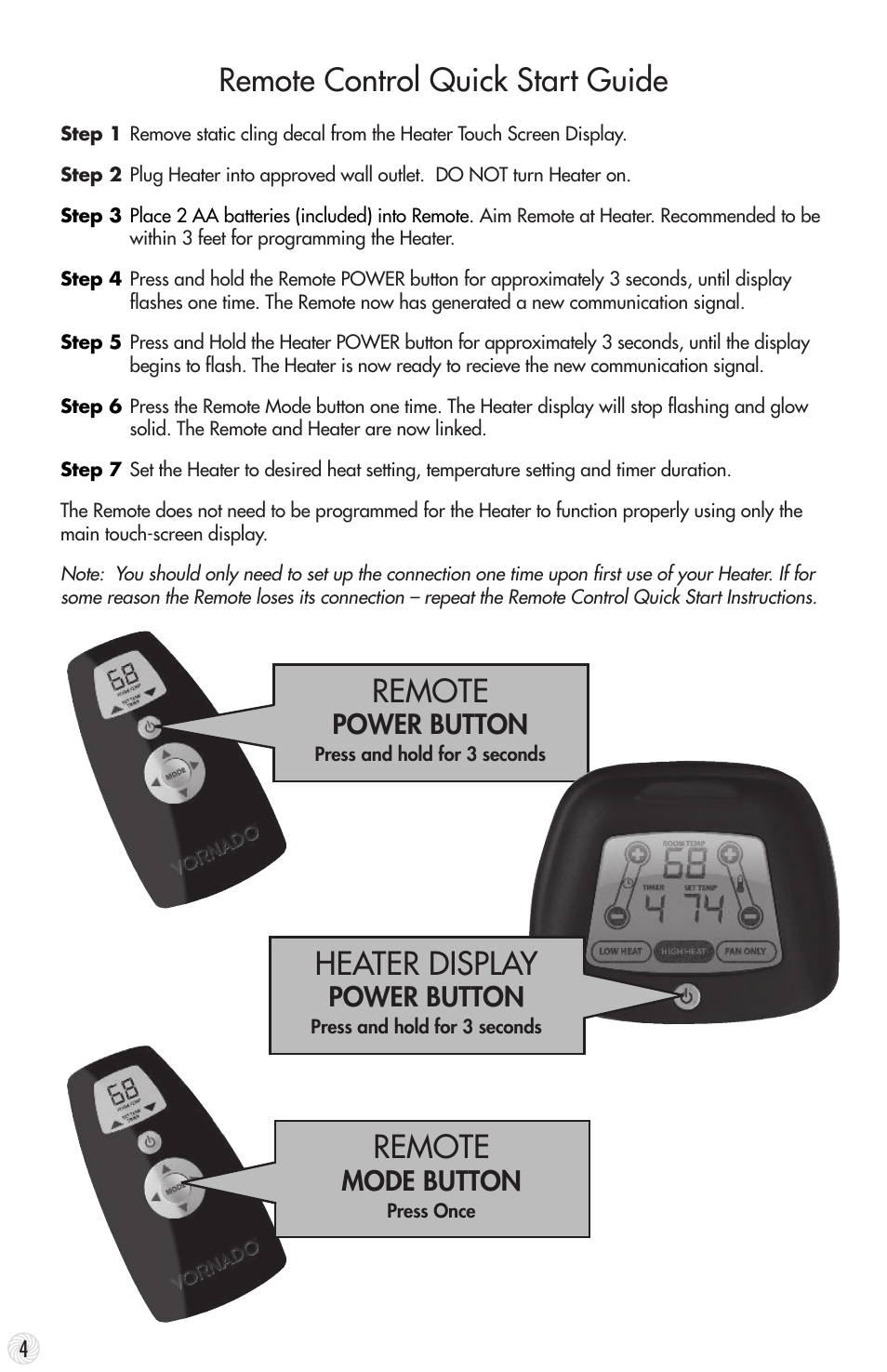 Remote control quick start guide remote, Heater display, Remote | Power button, Mode button | Vornado TouchStone 600 User Manual | Page 4 / 24