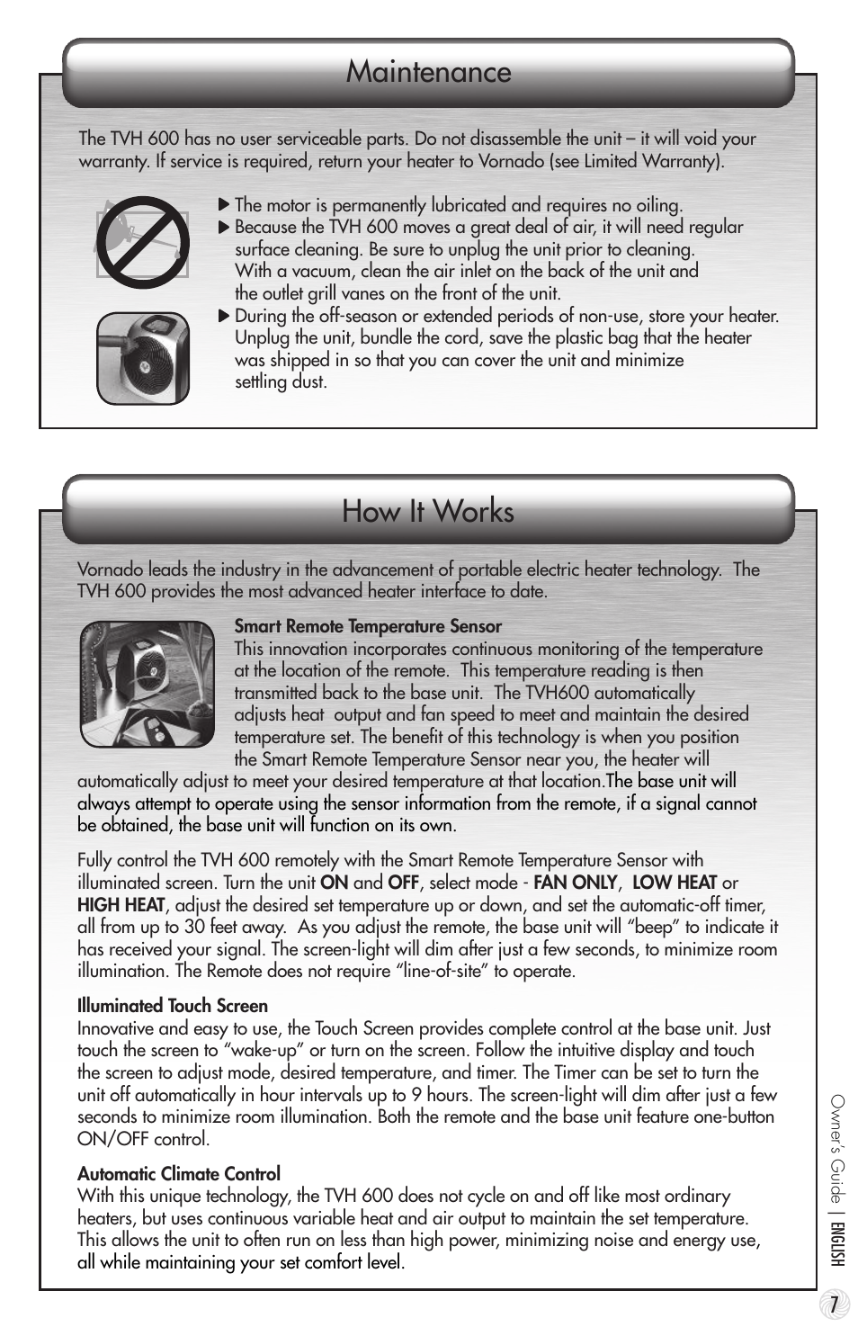 Maintenance how it works | Vornado TouchStone 600 User Manual | Page 7 / 24