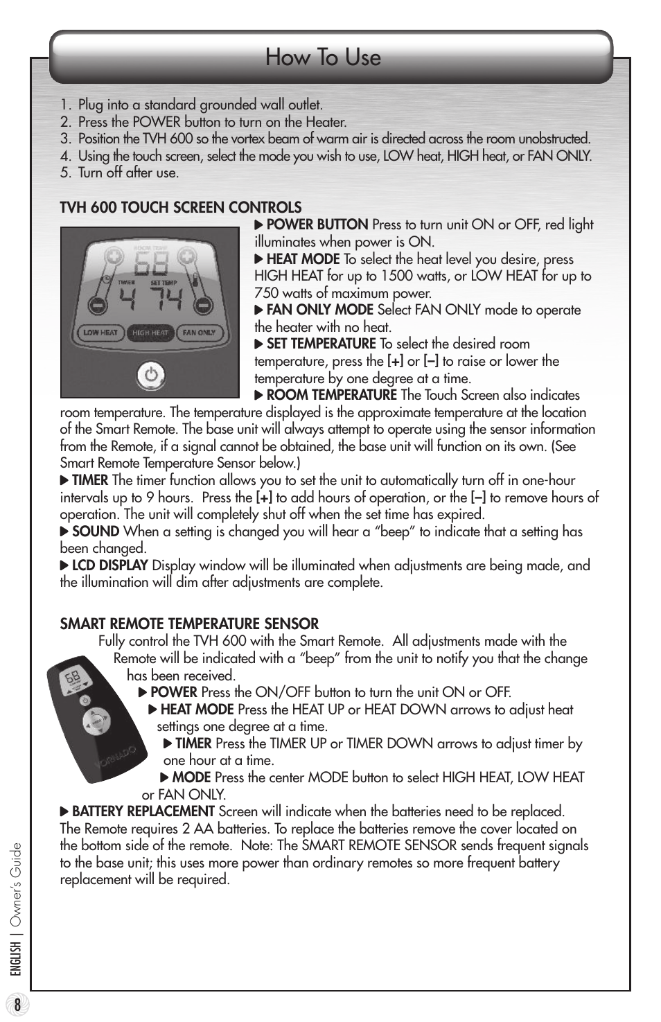 How to use | Vornado TouchStone 600 User Manual | Page 8 / 24