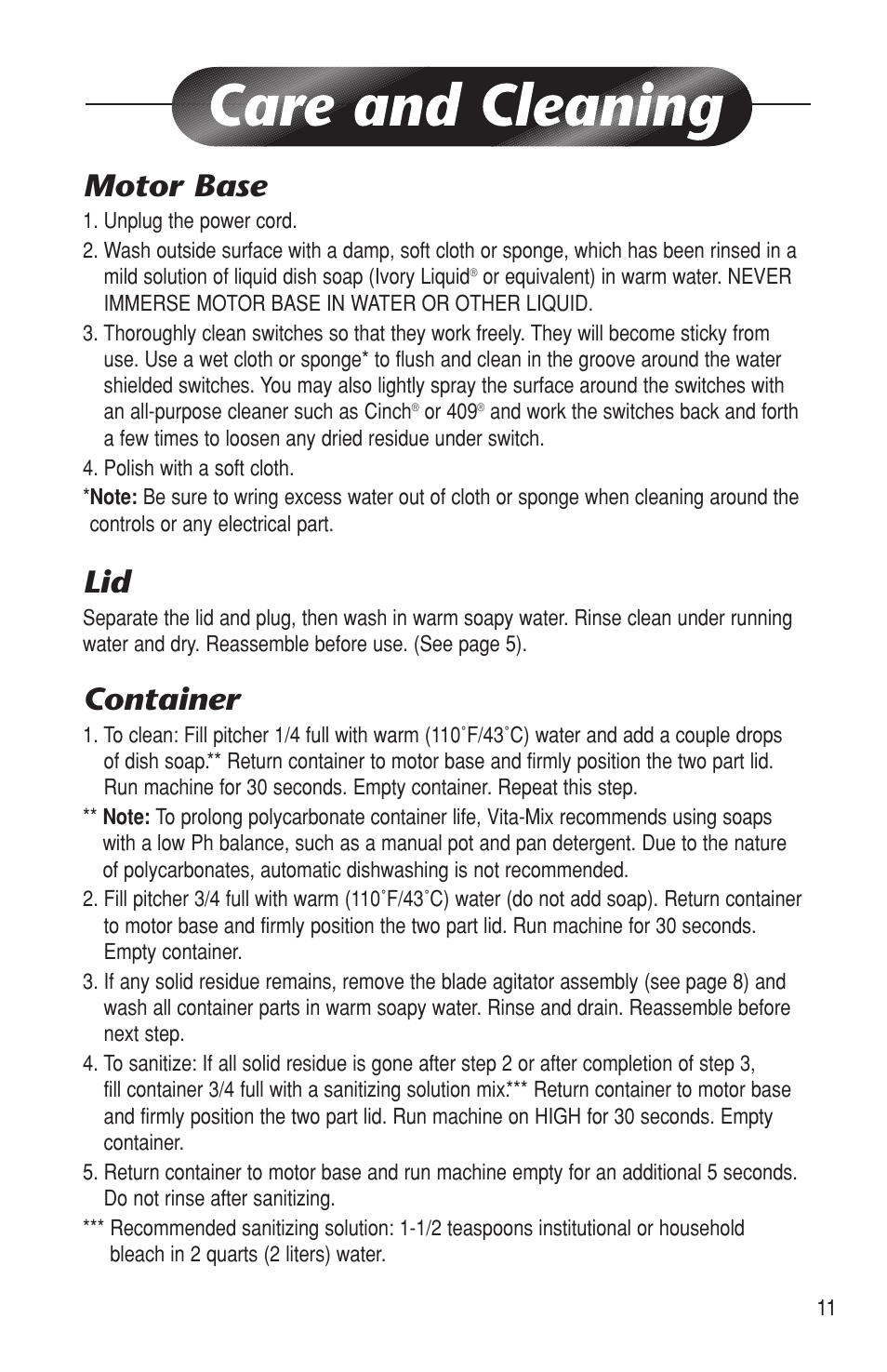 Motor base, Container | Vita-Mix BARBOSS MP User Manual | Page 11 / 16