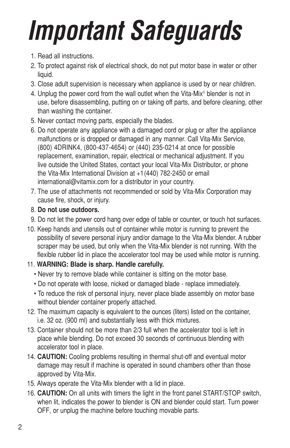 Important safeguards | Vita-Mix BARBOSS MP User Manual | Page 2 / 16