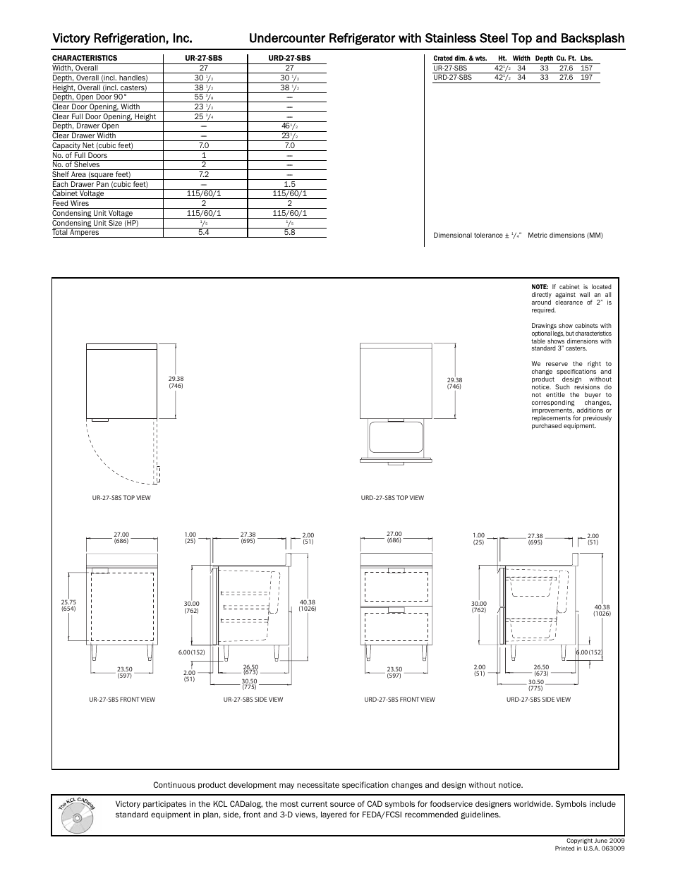 Victory Refrigeration UR-27-SBS User Manual | Page 2 / 2