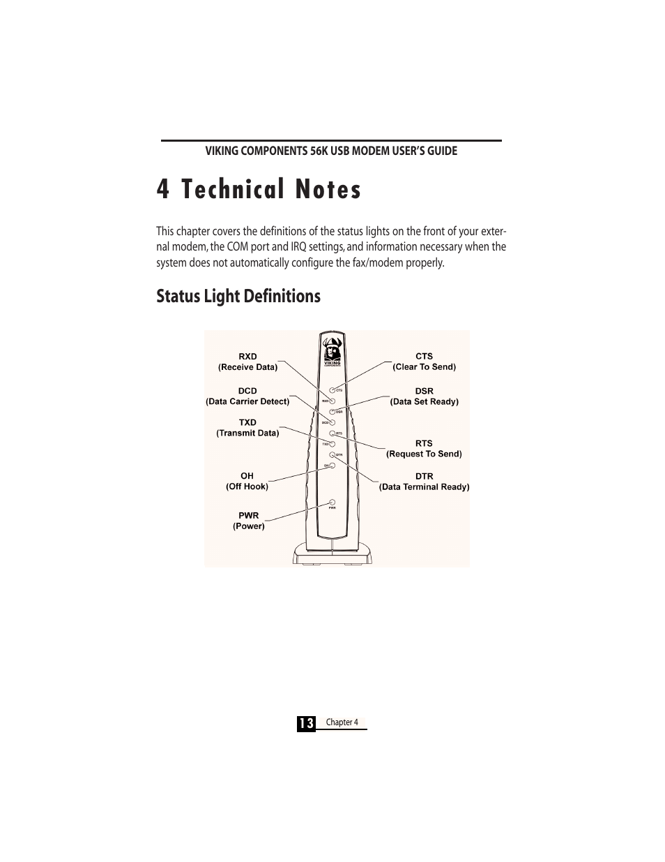 Status light definitions | Viking InterWorks 56K User Manual | Page 15 / 37