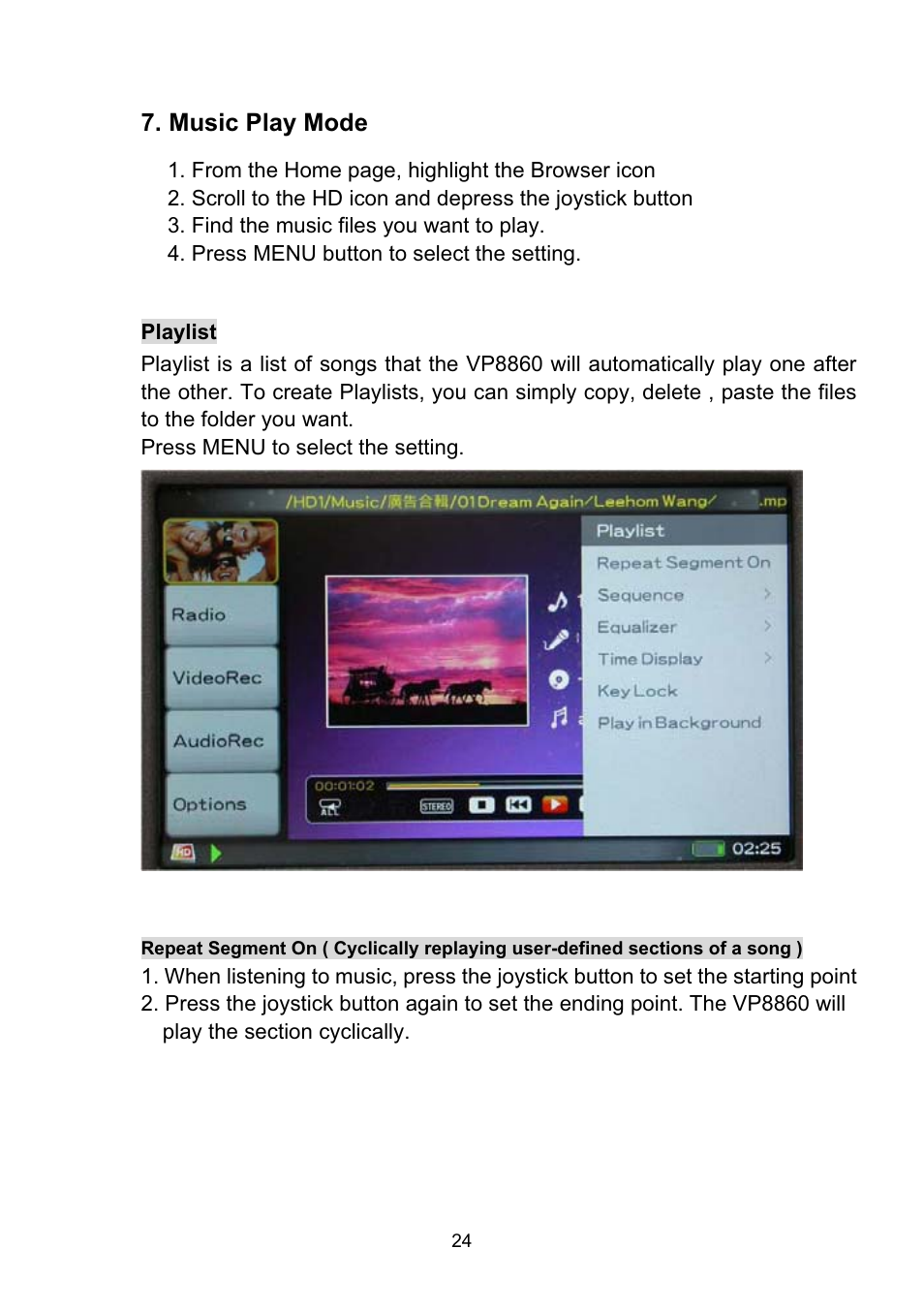 Music play mode | VOSONIC VP8860 User Manual | Page 24 / 40