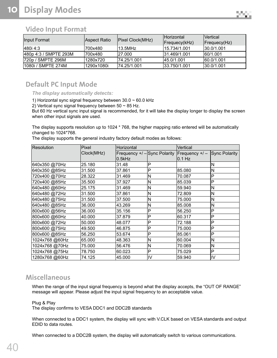 Display modes, Video input format, Default pc input mode | Miscellaneous | Vivitek DVR5612 User Manual | Page 41 / 47
