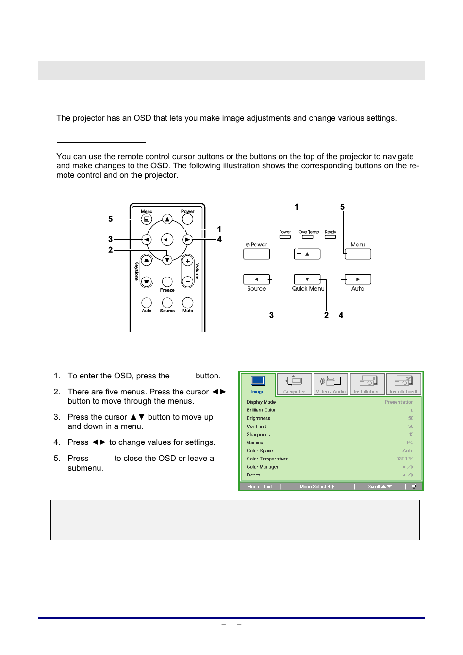 Osd), Creen, Isplay | Ettings | Vivitek D326 User Manual | Page 24 / 52