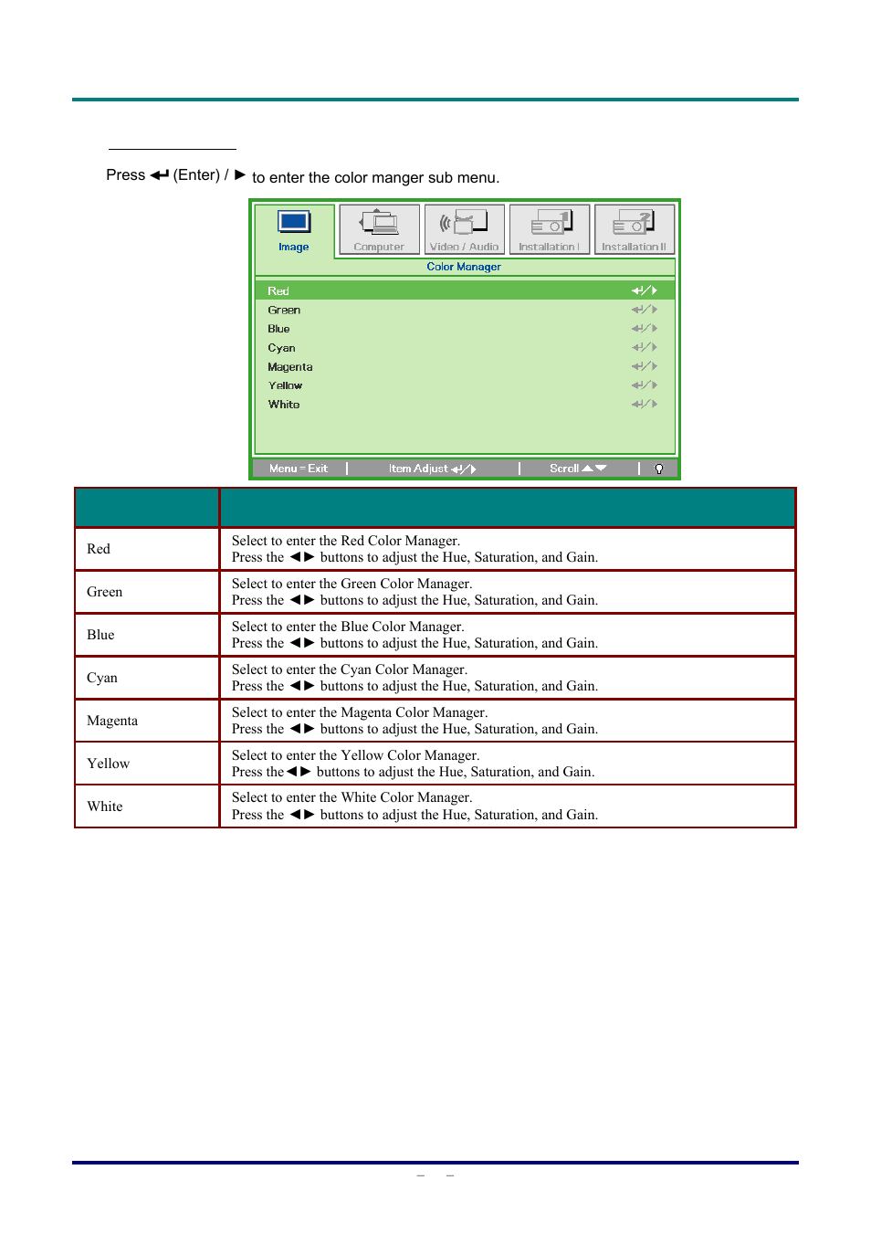 Color manager | Vivitek D326 User Manual | Page 29 / 52