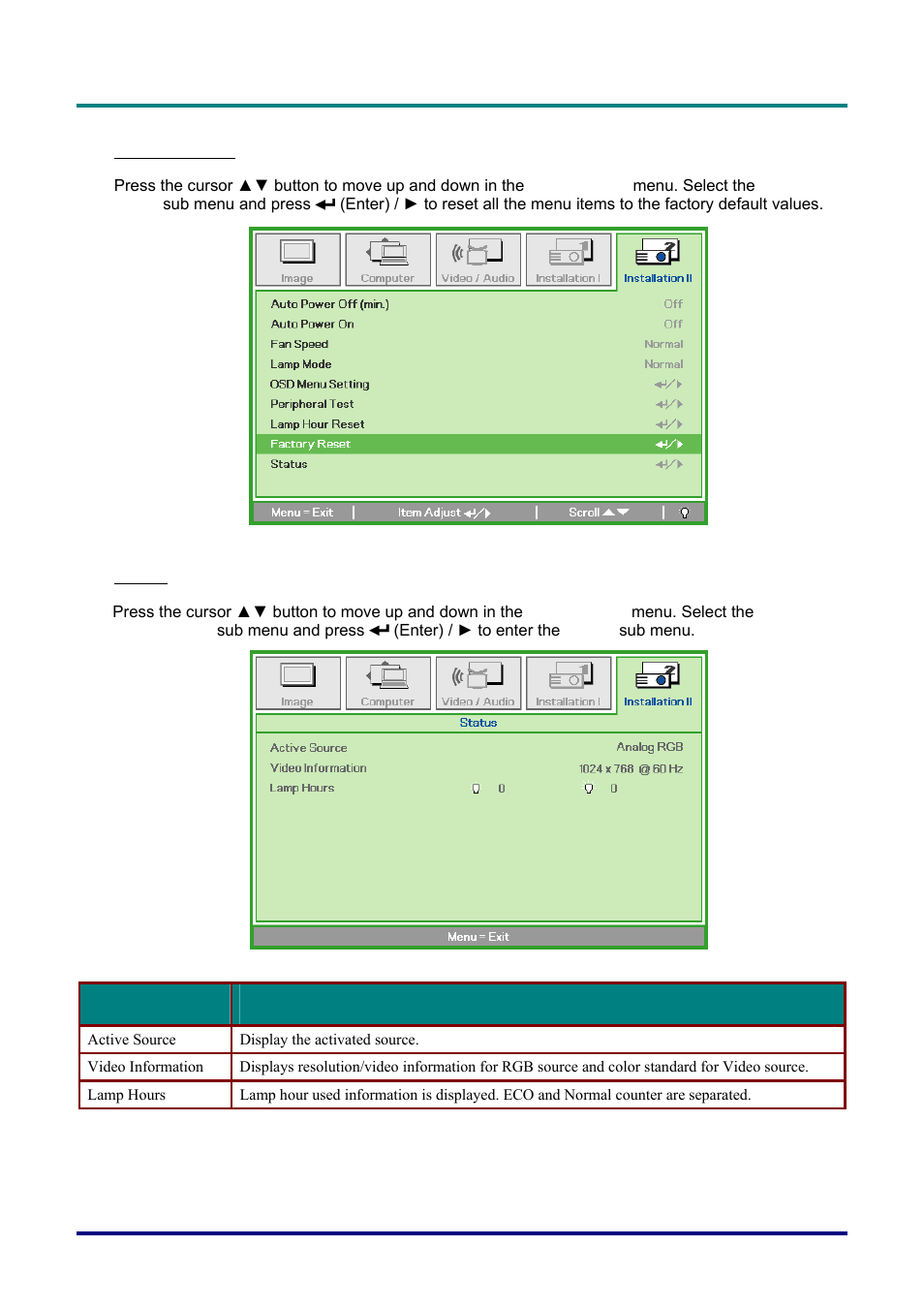 Factory reset, Status | Vivitek D326 User Manual | Page 36 / 52