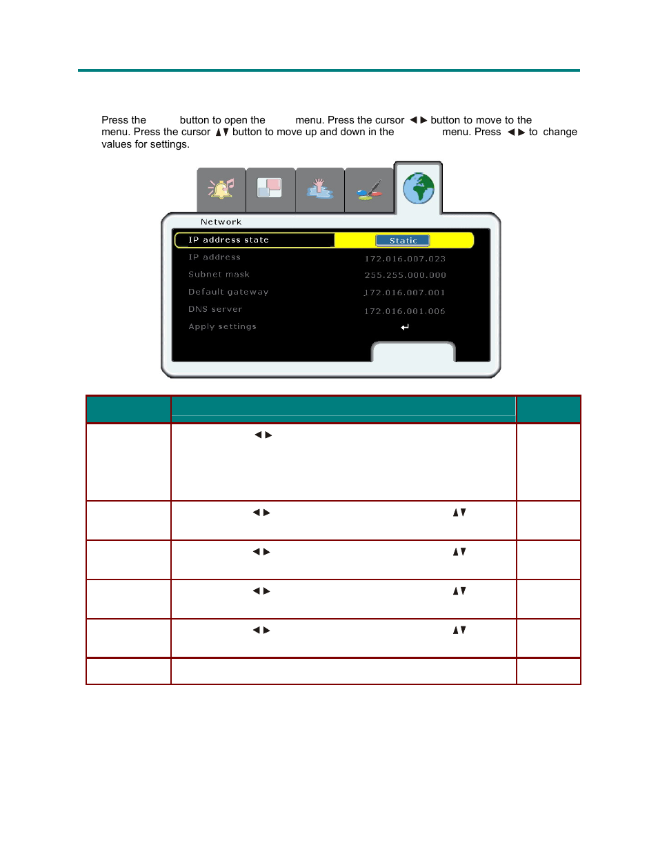 Network menu | Vivitek Platinum Series D3355 User Manual | Page 49 / 68