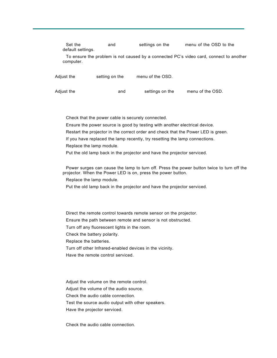 Lamp problems, Remote control problems, Audio problems | Vivitek Platinum Series D3355 User Manual | Page 58 / 68