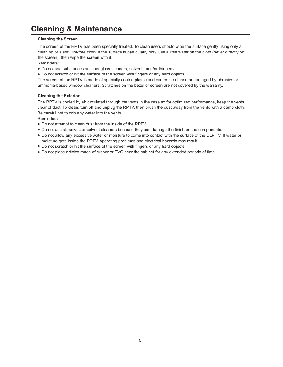 Cleaning & maintenance | Vivitek 51" Micro Display Projection TV User Manual | Page 11 / 58