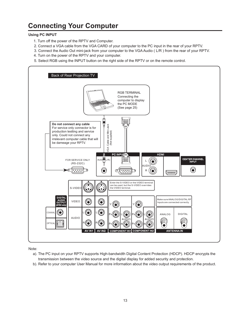 Connecting your computer | Vivitek 51" Micro Display Projection TV User Manual | Page 19 / 58
