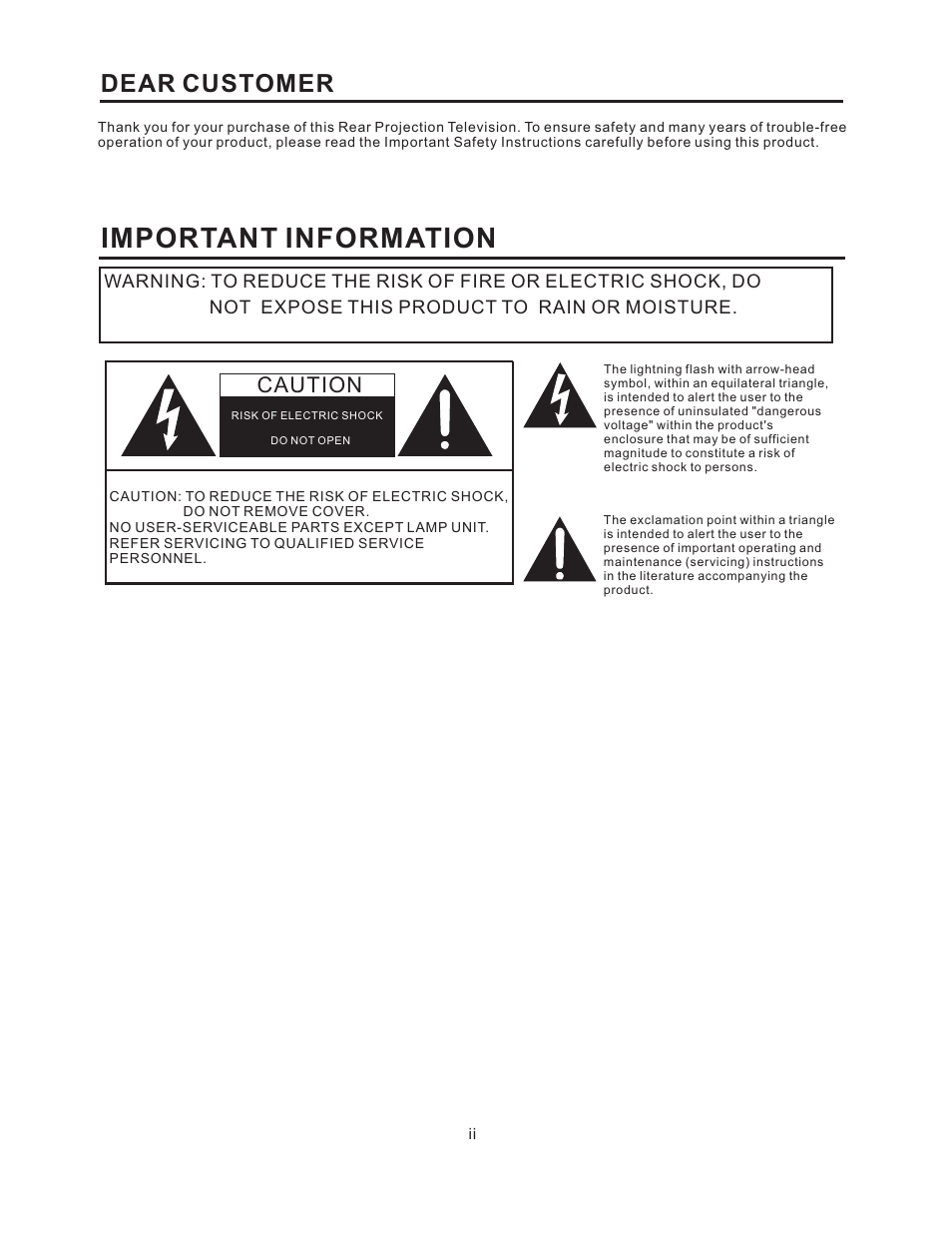 Important information, Dear customer, Caution | Vivitek 51" Micro Display Projection TV User Manual | Page 2 / 58