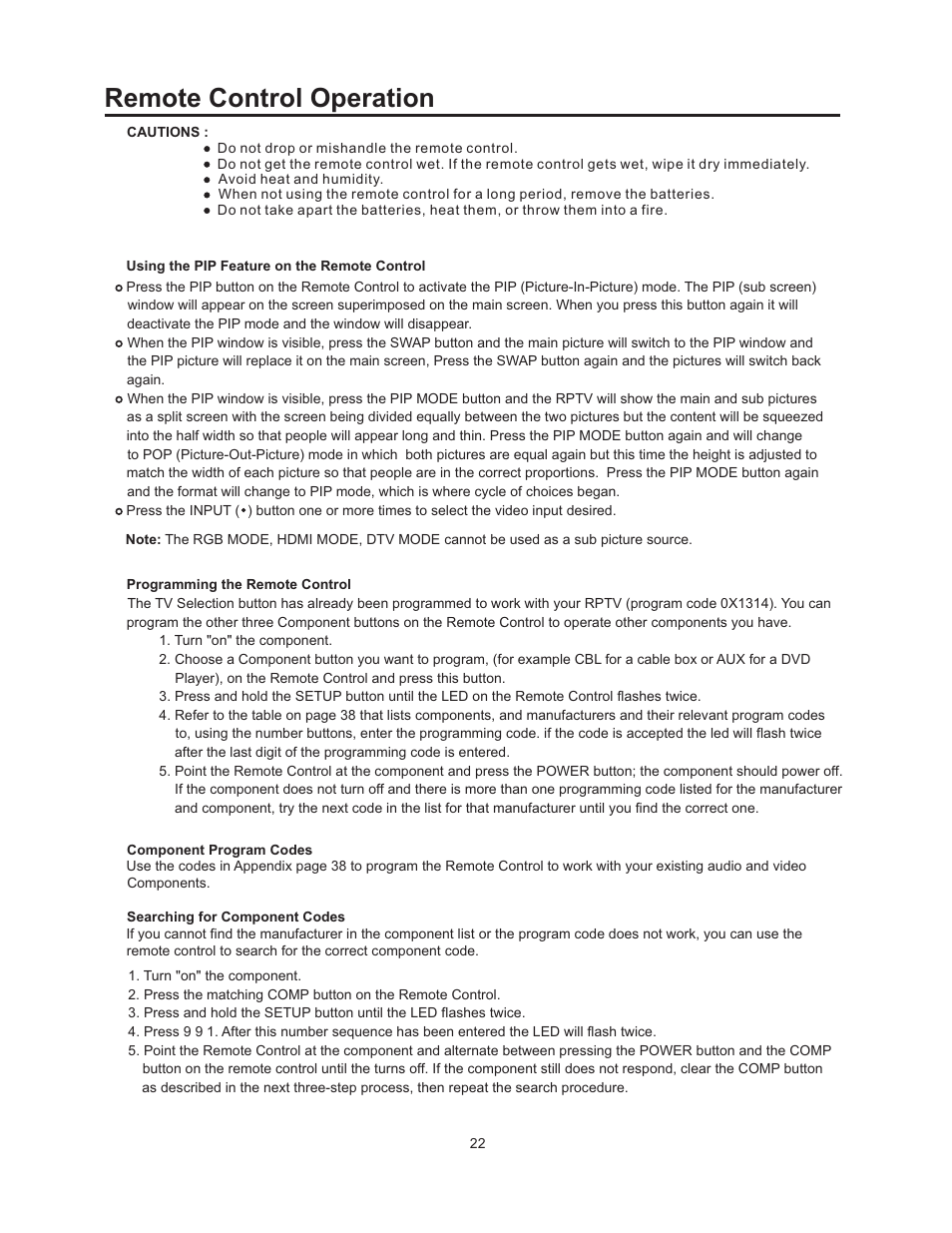 Remote control operation | Vivitek 51" Micro Display Projection TV User Manual | Page 28 / 58