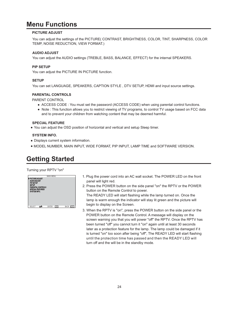 Menu functions, Getting started | Vivitek 51" Micro Display Projection TV User Manual | Page 30 / 58