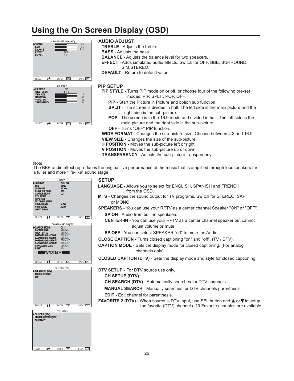 Using the on screen display (osd), Pip setup, Audio adjust | Setup | Vivitek 51" Micro Display Projection TV User Manual | Page 32 / 58