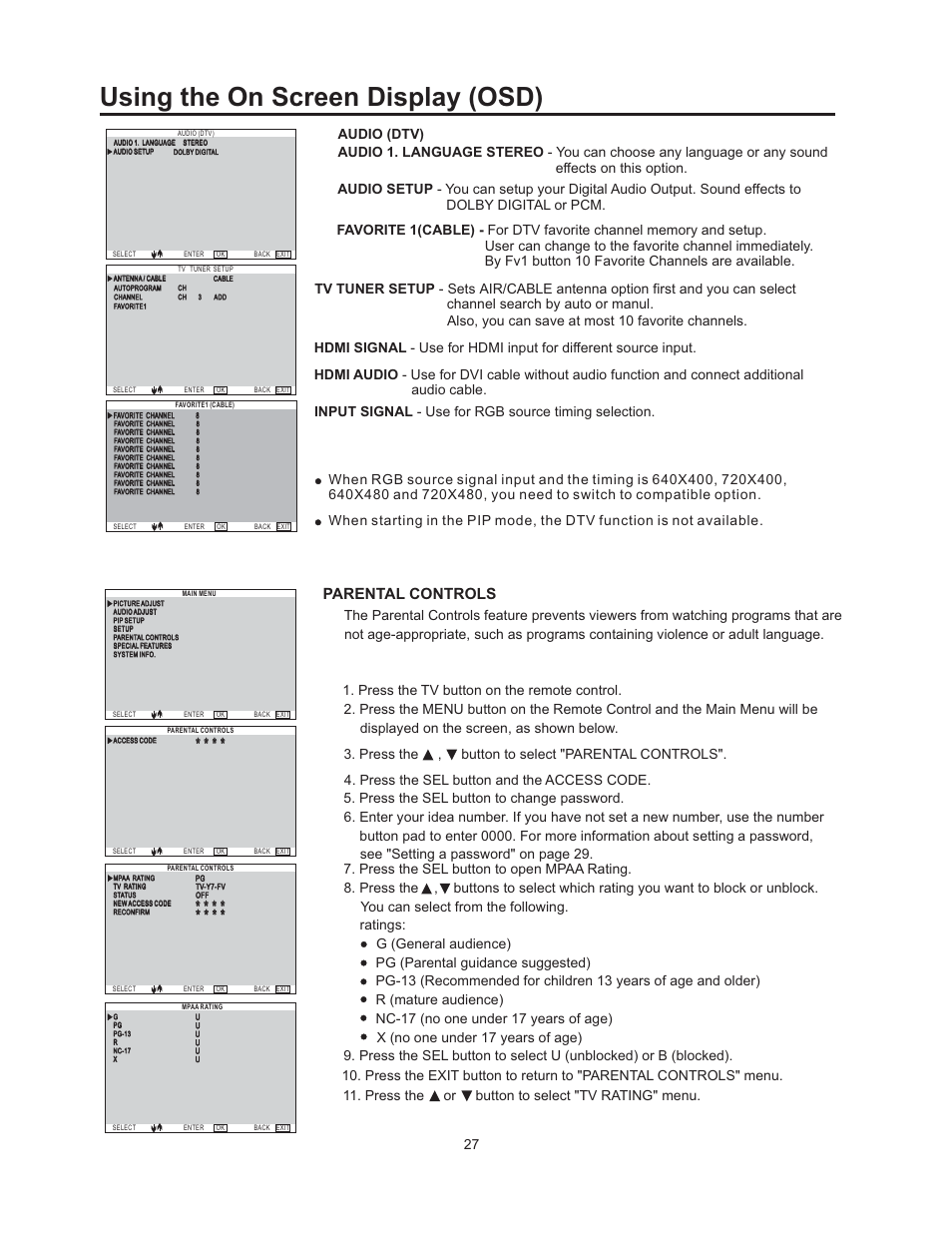 Using the on screen display (osd), Parental controls | Vivitek 51" Micro Display Projection TV User Manual | Page 33 / 58