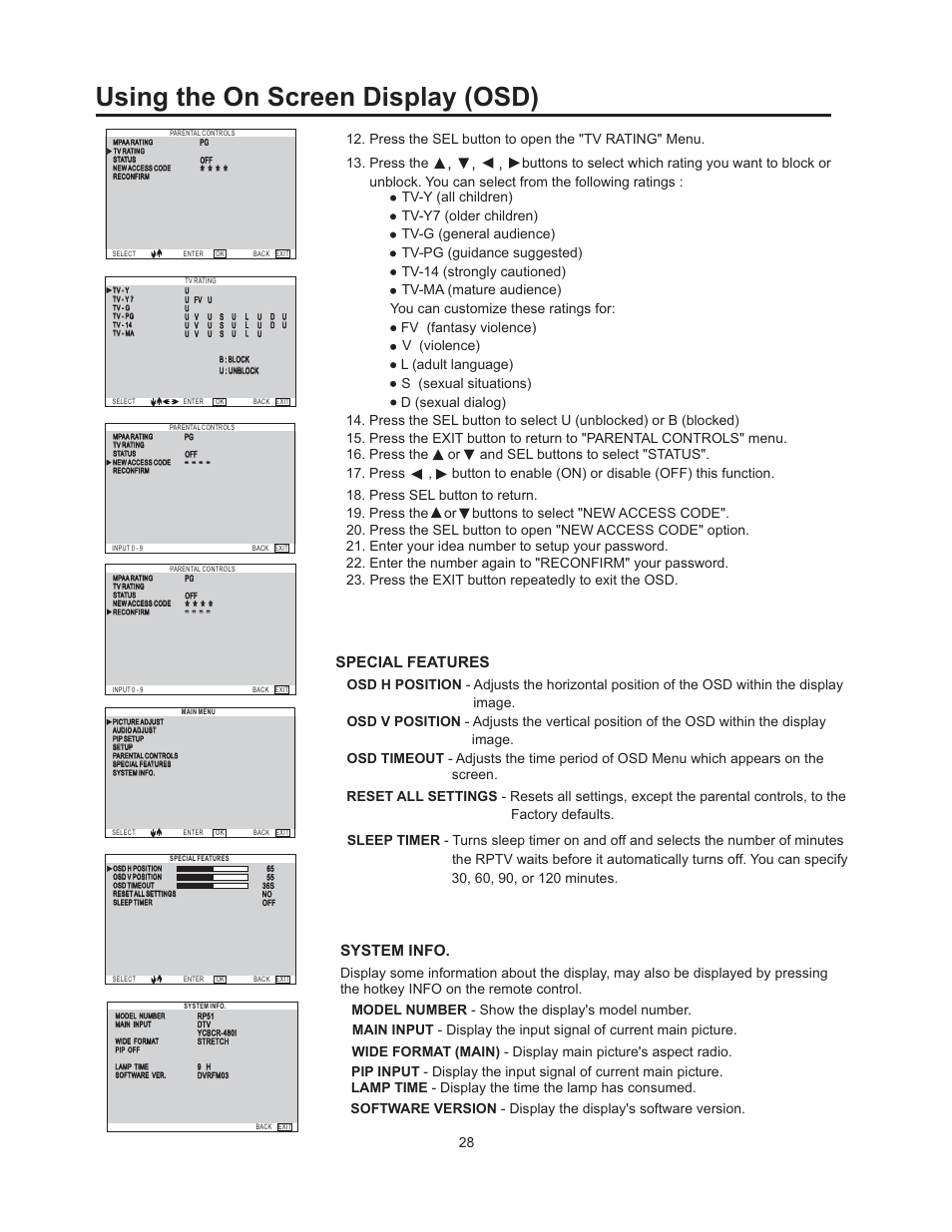 Using the on screen display (osd), Special features system info | Vivitek 51" Micro Display Projection TV User Manual | Page 34 / 58