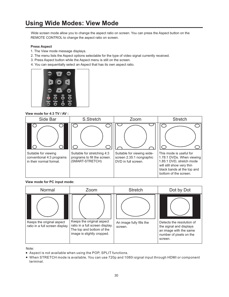 Using wide modes: view mode | Vivitek 51" Micro Display Projection TV User Manual | Page 36 / 58