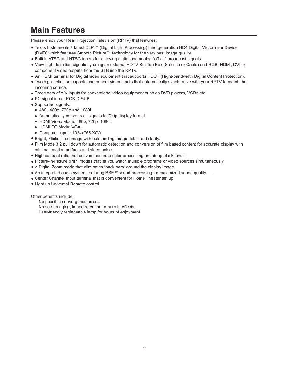 Main features | Vivitek 51" Micro Display Projection TV User Manual | Page 8 / 58