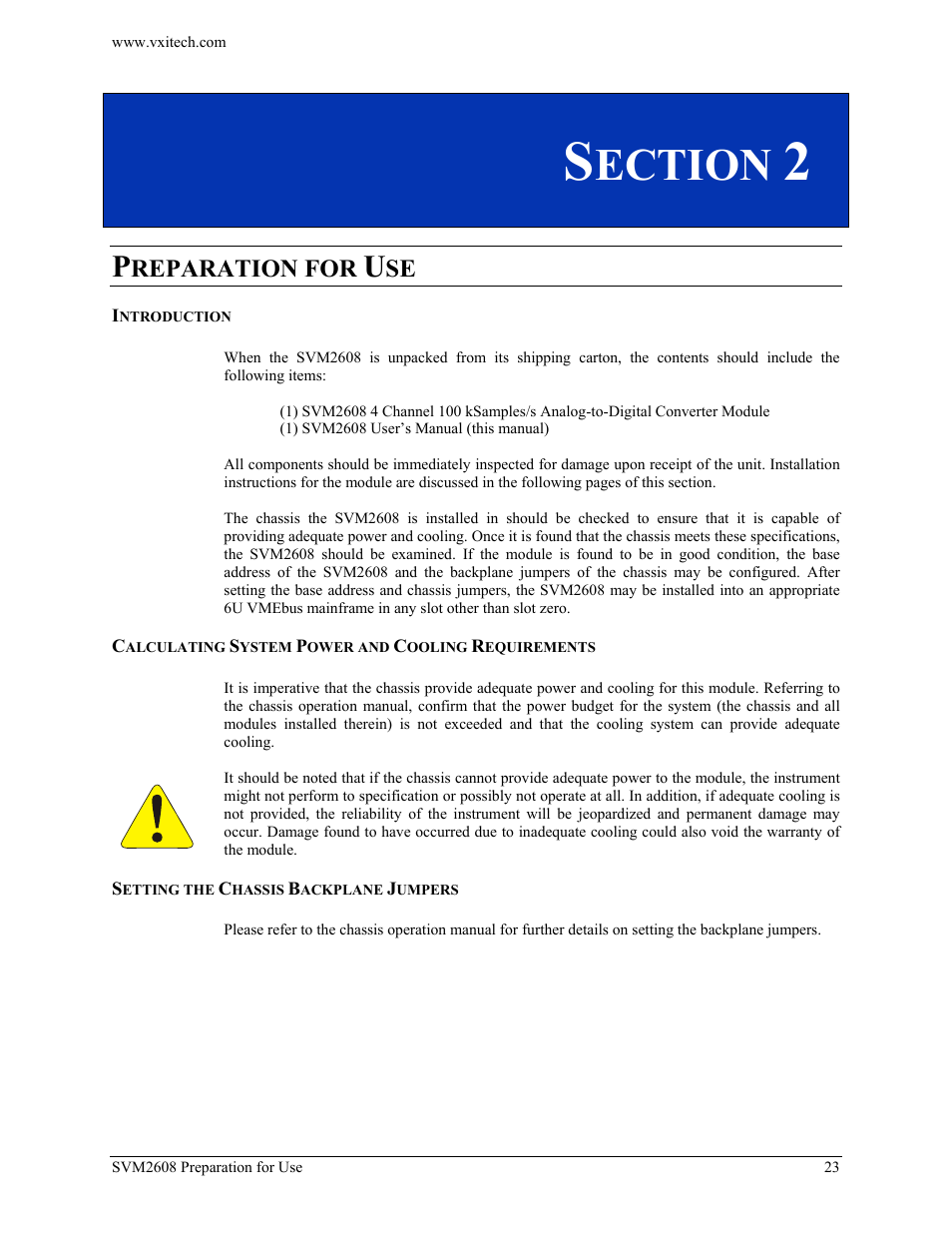 Section 2, Preparation for use, Introduction | Calculating system power and cooling requirements, Setting the chassis backplane jumpers, Ection, Reparation for | VXI TECHNOLOGY SVM2608 User Manual | Page 23 / 57