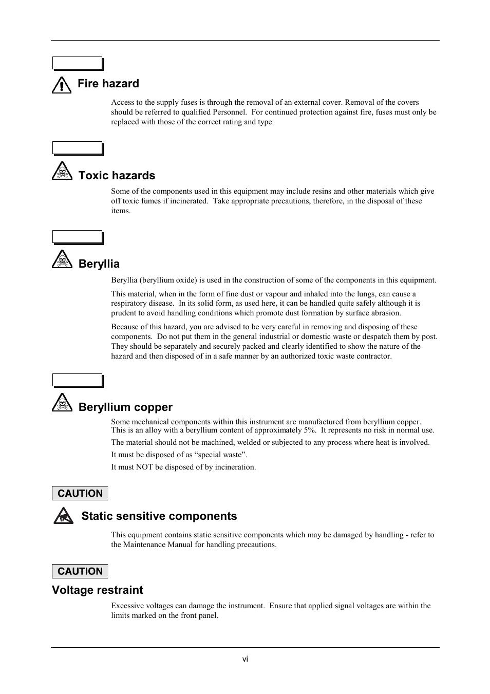 Fire hazard, Toxic hazards, Beryllia | Beryllium copper, Static sensitive components, Voltage restraint | VXI 3002 User Manual | Page 7 / 136