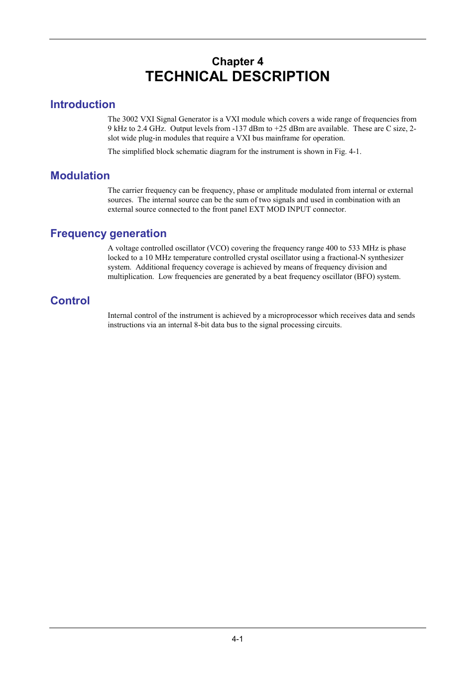 Technical description, Introduction, Modulation | Frequency generation, Control, Chapter 4 | VXI 3002 User Manual | Page 74 / 136