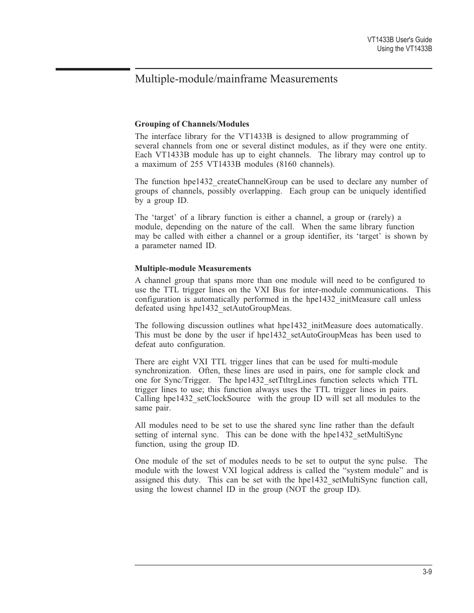Multiple-module/mainframe measurements 3-9, Grouping of channels/modules 3-9, Multiple-module measurements 3-9 | Multiple-module/mainframe measurements | VXI VT1433B User Manual | Page 47 / 203