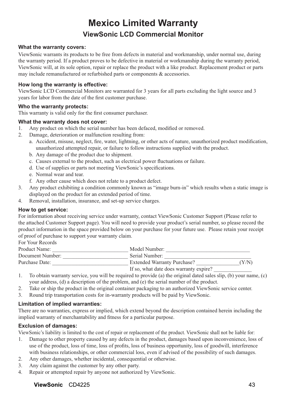 0h[lfr/lplwhg:duudqw, 9lhz6rqlf/&'&rpphufldo0rqlwru | VIEWSONIC CD4225 User Manual | Page 45 / 47