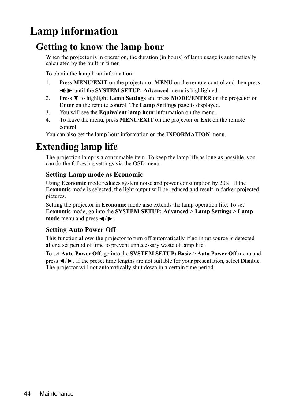 Lamp information, Getting to know the lamp hour, Extending lamp life | Setting auto power | VIEWSONIC VS13308 User Manual | Page 47 / 69