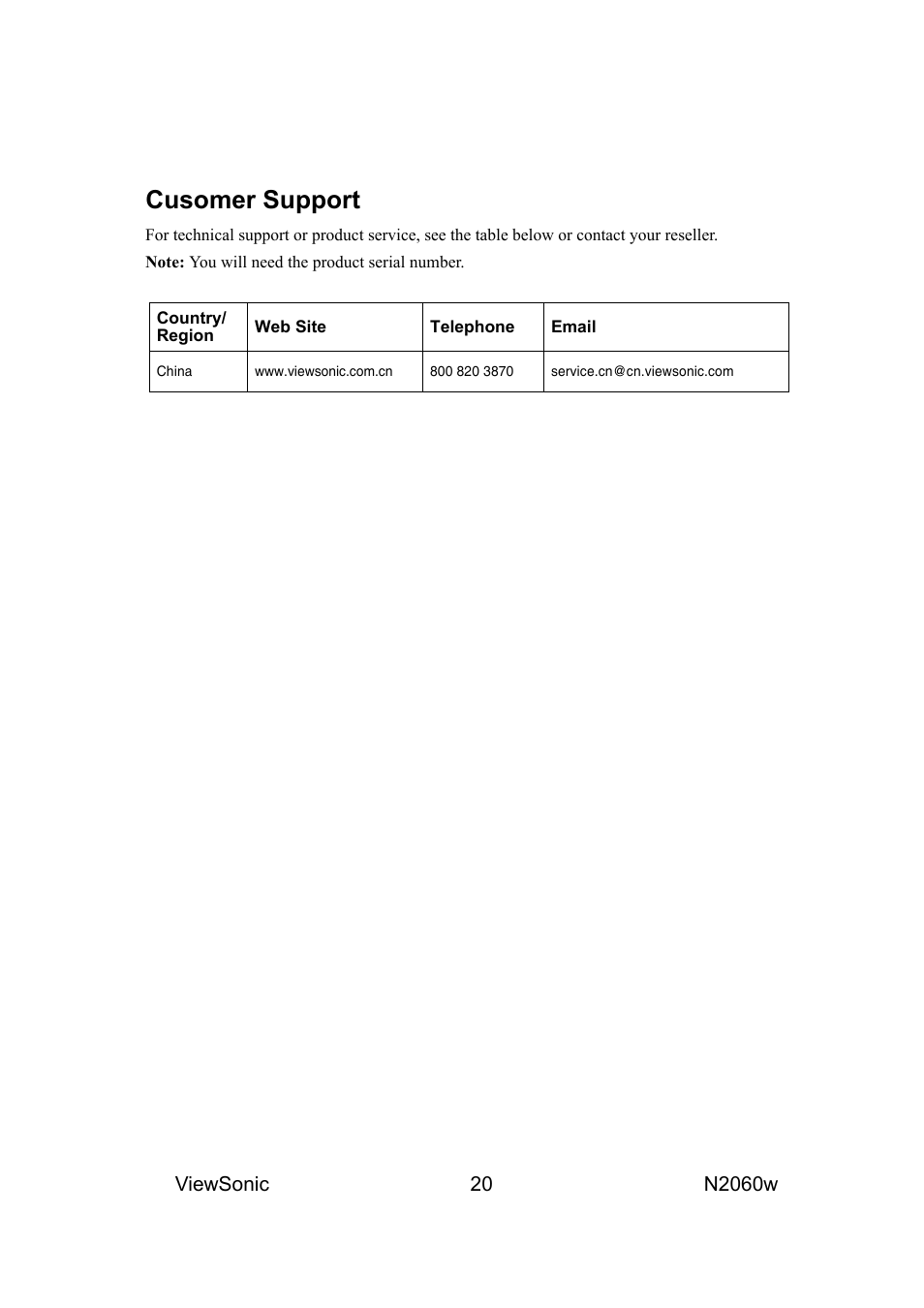 Cusomer support | VIEWSONIC N2060W User Manual | Page 22 / 24