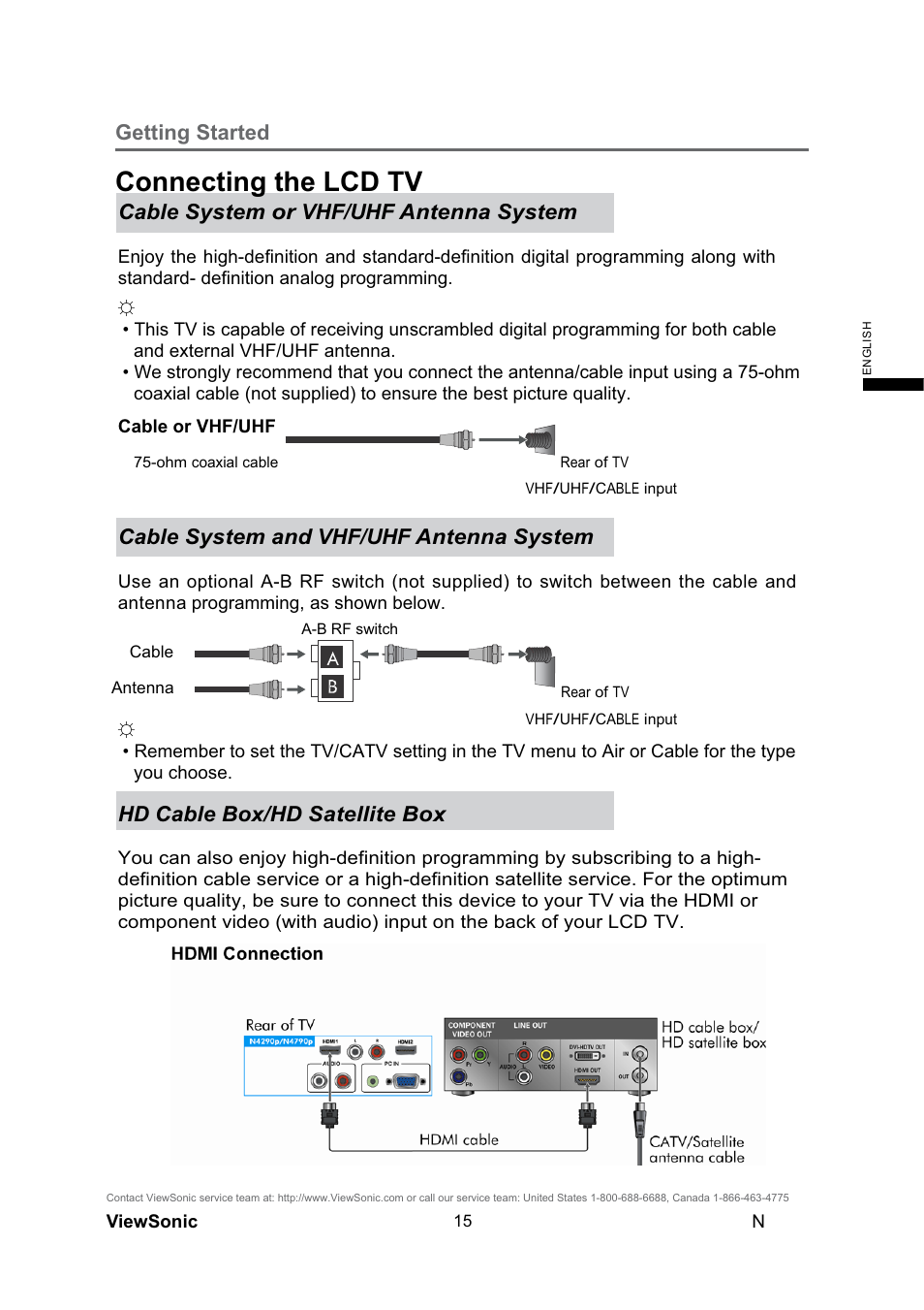 Connecting the lcd tv, Getting started, Cable system or vhf/uhf antenna system | Cable system and vhf/uhf antenna system, Hd cable box/hd satellite box | VIEWSONIC N4290p User Manual | Page 22 / 42
