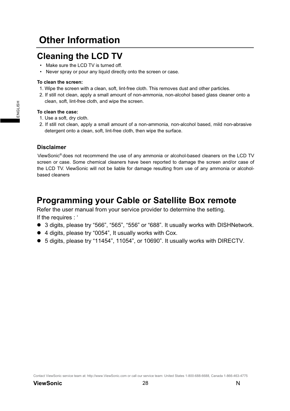 Other information, Cleaning the lcd tv, Programming your cable or satellite box remote | VIEWSONIC N4290p User Manual | Page 35 / 42