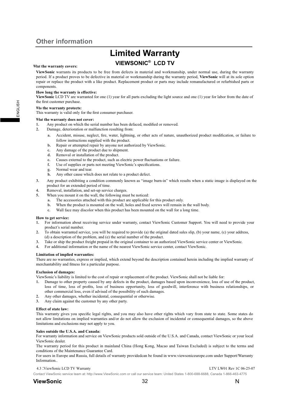 Limited warranty, Other information, Viewsonic | Lcd tv | VIEWSONIC N4290p User Manual | Page 39 / 42