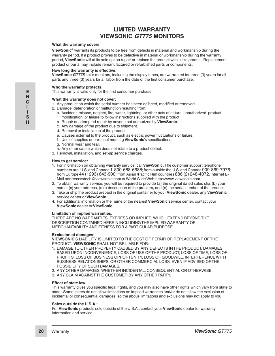 Limited warranty viewsonic gt775 monitors | VIEWSONIC GT775 User Manual | Page 20 / 22