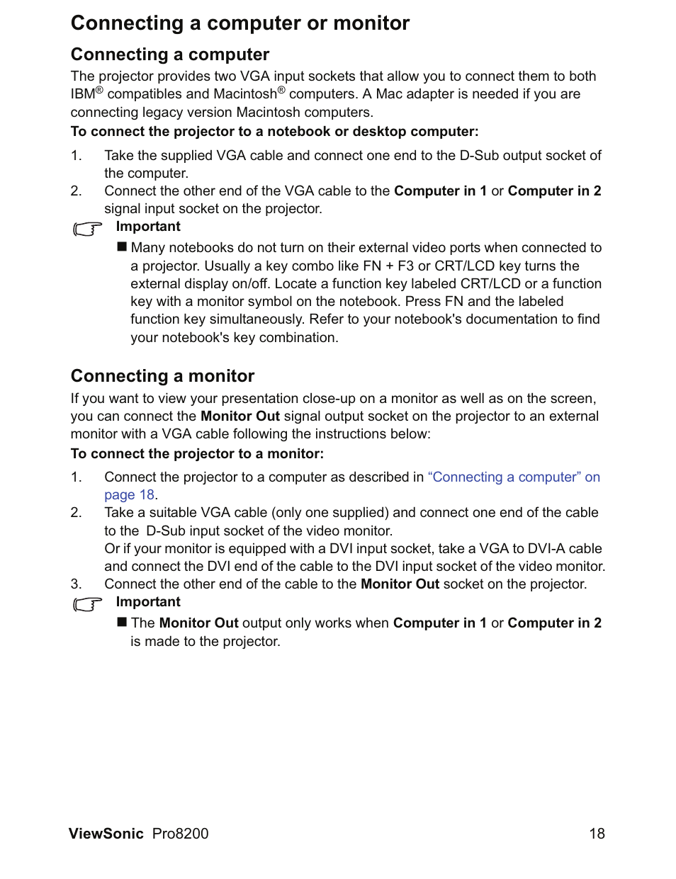 Connecting a computer or monitor, Connecting a computer, Connecting a monitor | VIEWSONIC DLP Projector Pro8200 User Manual | Page 22 / 57