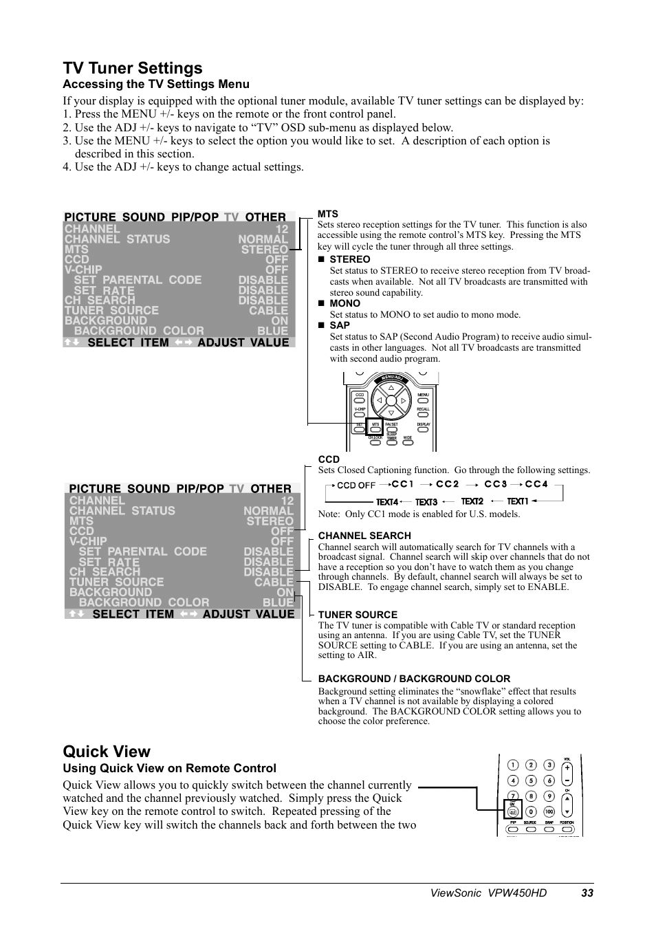 Tv tuner settings, Quick view | VIEWSONIC VPW450HD User Manual | Page 35 / 48