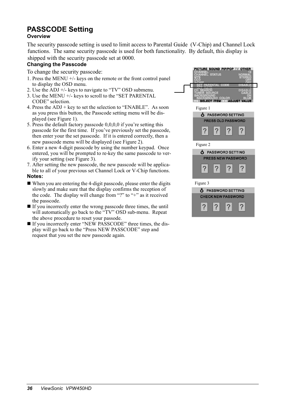 Passcode setting | VIEWSONIC VPW450HD User Manual | Page 38 / 48