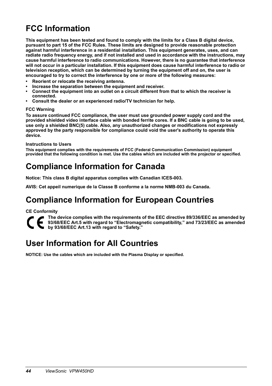 Fcc information, Compliance information for canada, Compliance information for european countries | User information for all countries | VIEWSONIC VPW450HD User Manual | Page 46 / 48