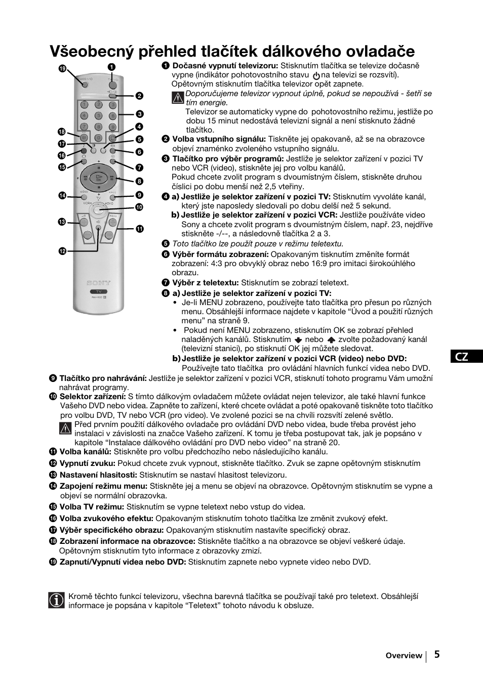Všeobecný přehled tlačítek dálkového ovladače | Sony KV-29FX64K User Manual | Page 44 / 122