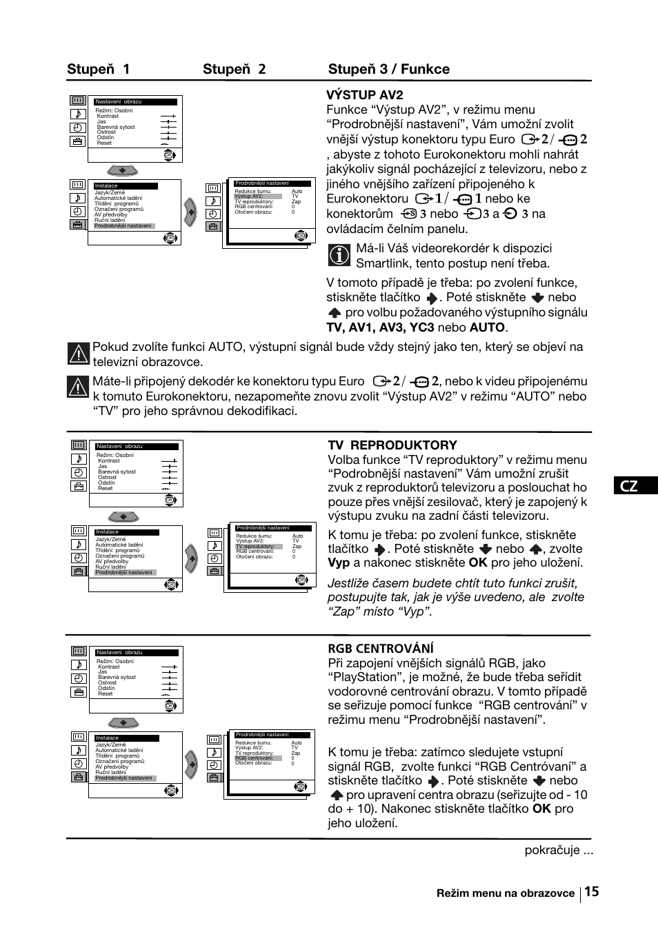 Stupeň 1 stupeň 2 stupeň 3 / funkce | Sony KV-29FX64K User Manual | Page 54 / 122