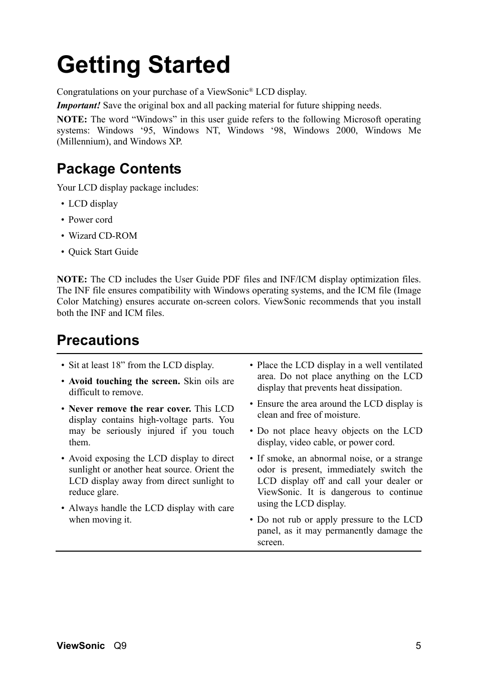 Getting started, Package contents, Precautions | VIEWSONIC Optiquest Q9B User Manual | Page 9 / 23