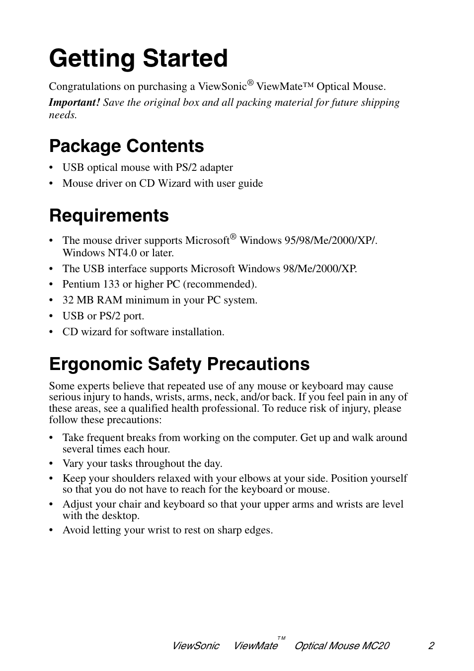 Getting started, Package contents, Requirements | Ergonomic safety precautions | VIEWSONIC ViewMate VS102127 User Manual | Page 3 / 9