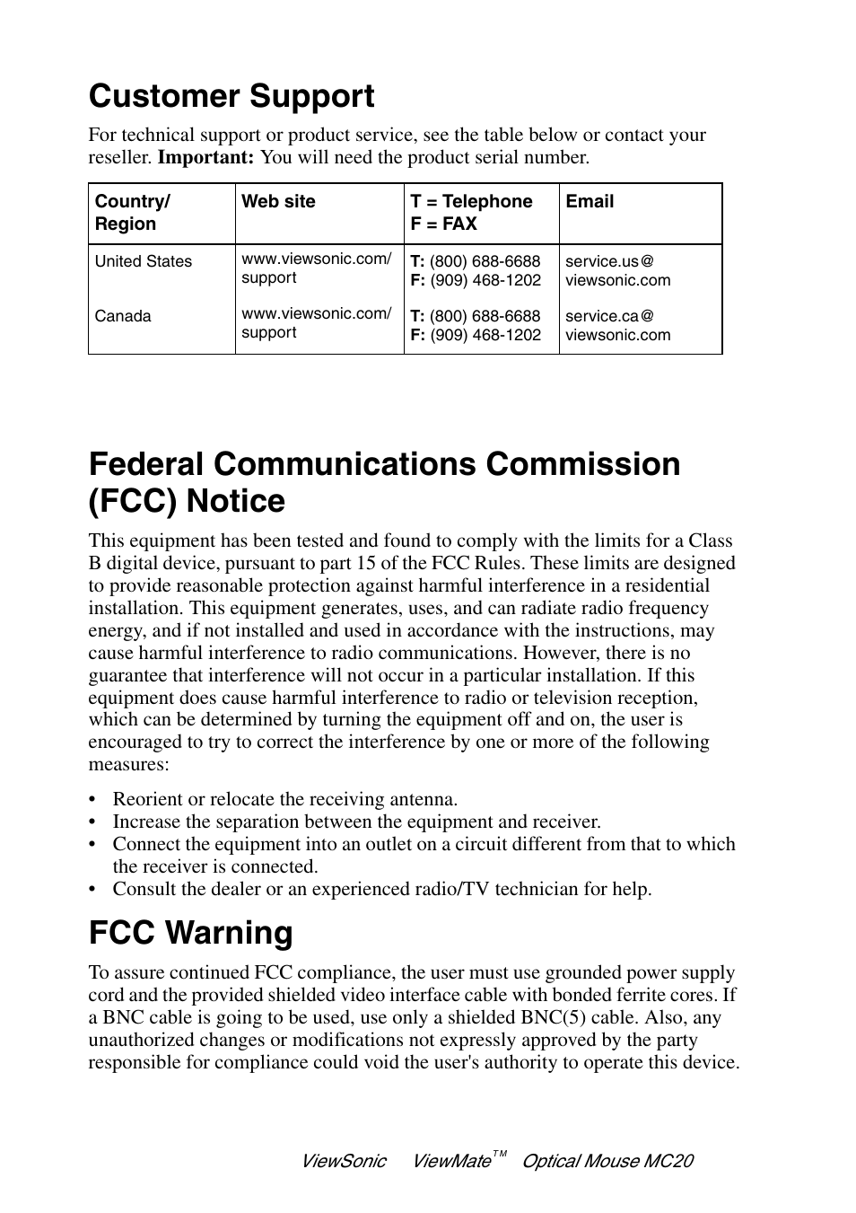 Customer support, Federal communications commission (fcc) notice, Fcc warning | VIEWSONIC ViewMate VS102127 User Manual | Page 7 / 9