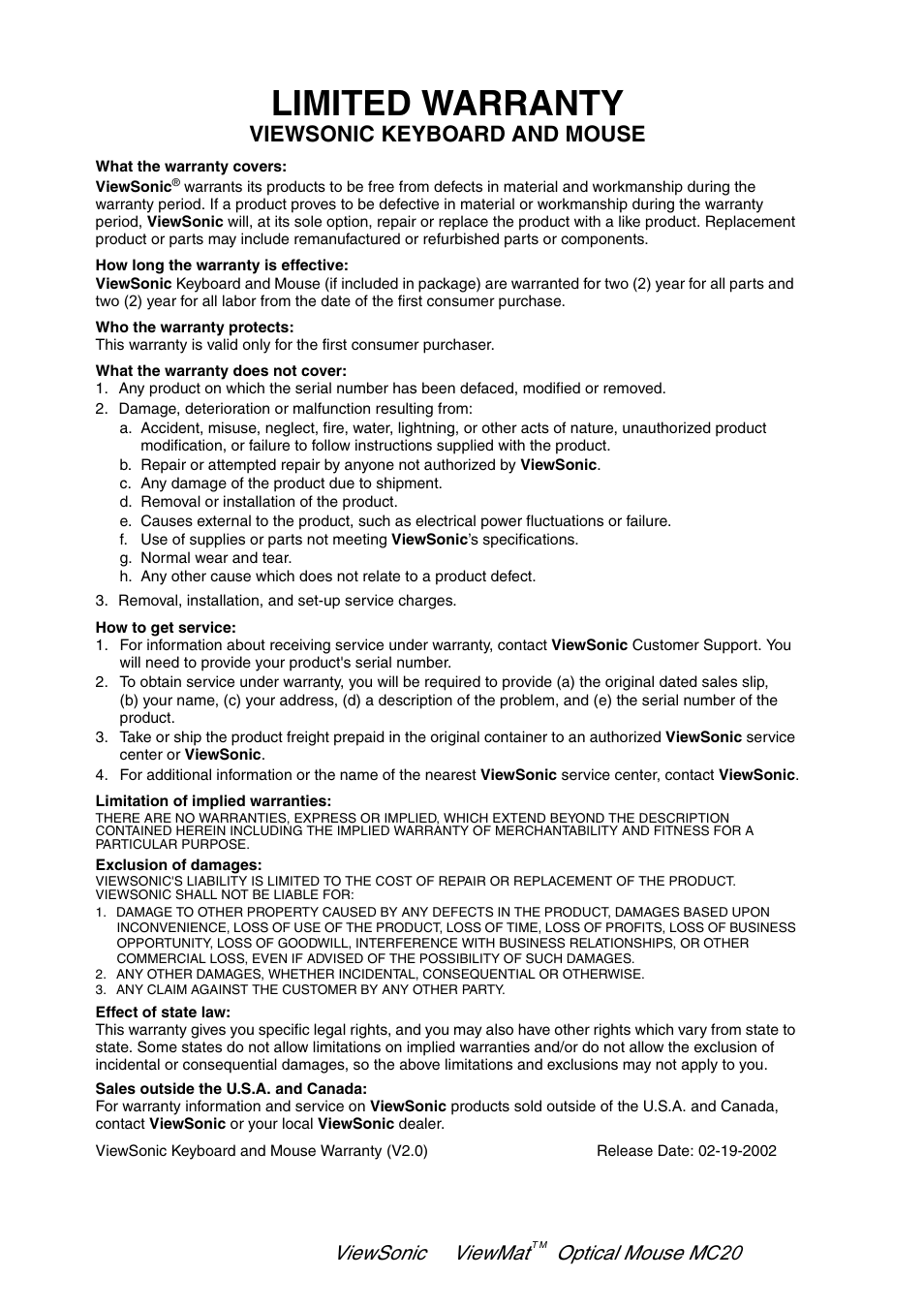 Limited warranty, Viewsonic keyboard and mouse, Viewsonic viewmat optical mouse mc208 7 | VIEWSONIC ViewMate VS102127 User Manual | Page 8 / 9