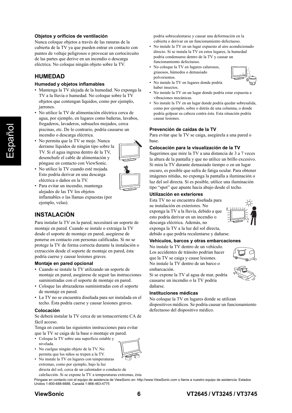 Humedad instalación, Esp añol, Humedad | Instalación | VIEWSONIC VT3745 User Manual | Page 12 / 55