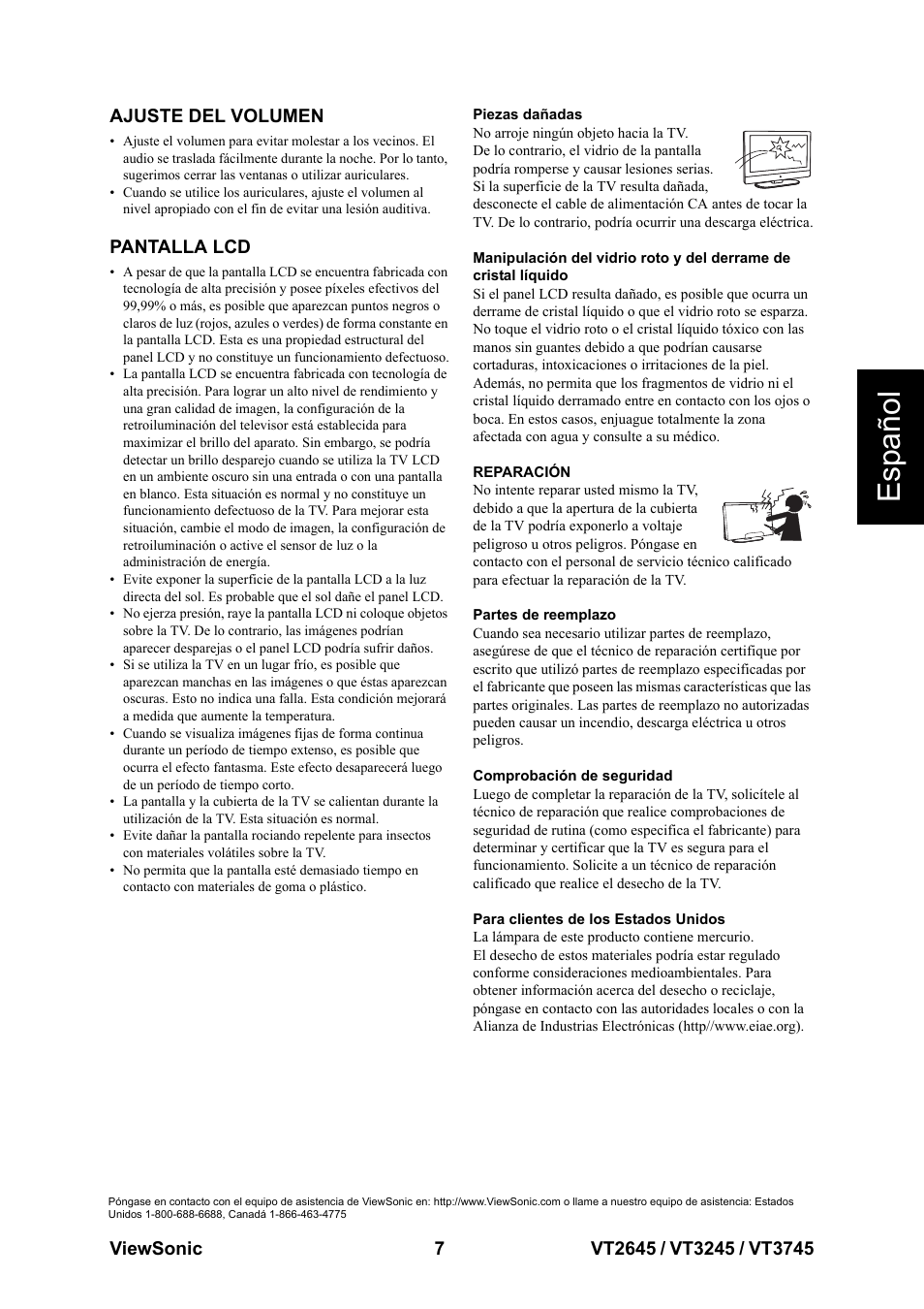 Ajuste del volumen pantalla lcd, Esp añol | VIEWSONIC VT3745 User Manual | Page 13 / 55