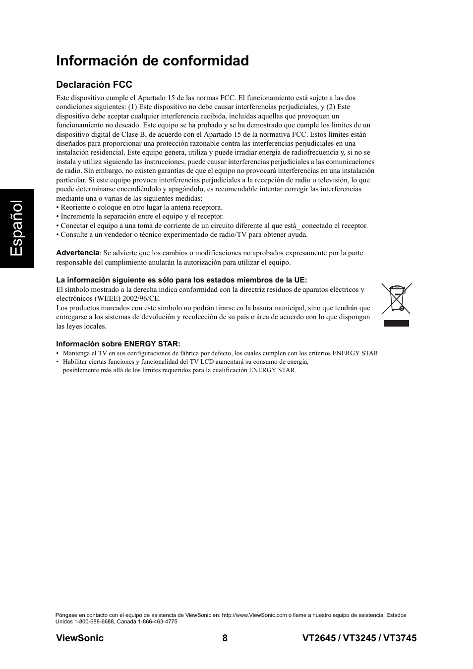 Información de conformidad, Declaración fcc, Esp añol | VIEWSONIC VT3745 User Manual | Page 14 / 55